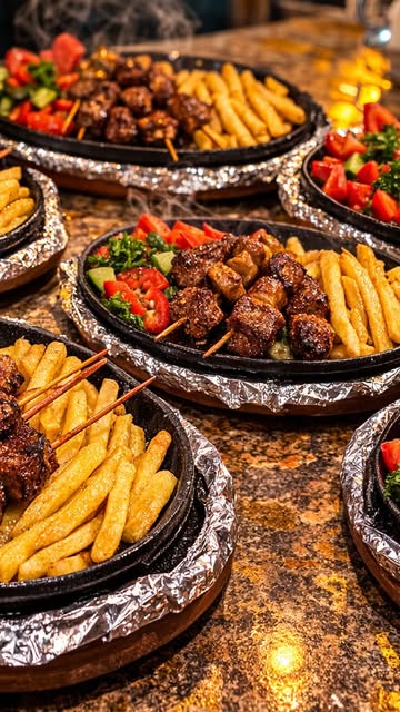 Platters of grilled shashlik with peppers and potatoes on a laid table